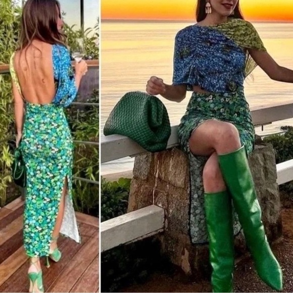 Zara Floral Midi Dress Stretch Asymmetrical Blue Green Print Blogger Fave SizeXS - Picture 14 of 16